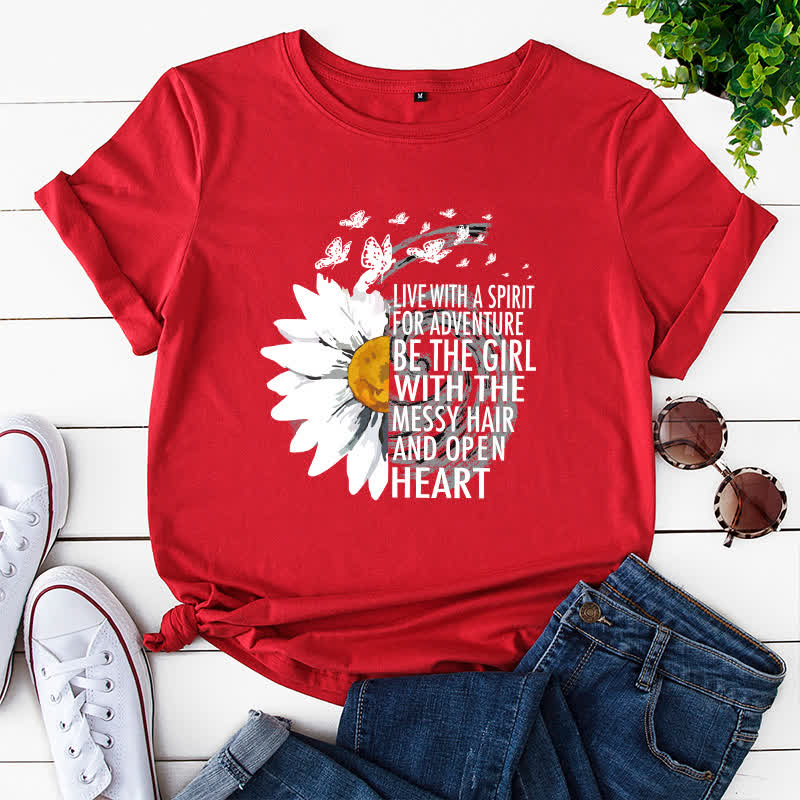Plus Size Floral Letter Print Short Sleeve T-Shirt - Red - 5XL - image 1