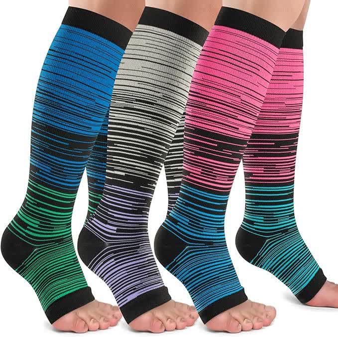 Black Striped Open Toe Compression Socks(3 Pairs)