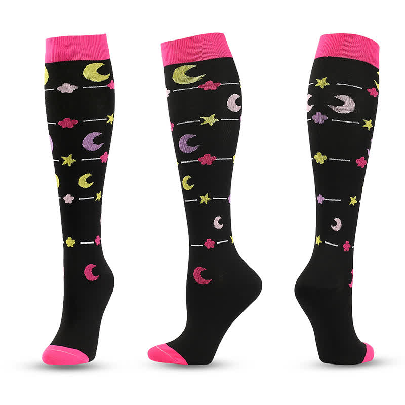 Heart and Moon Print Compression Socks(4 Pairs) - C - L/XL - image 3