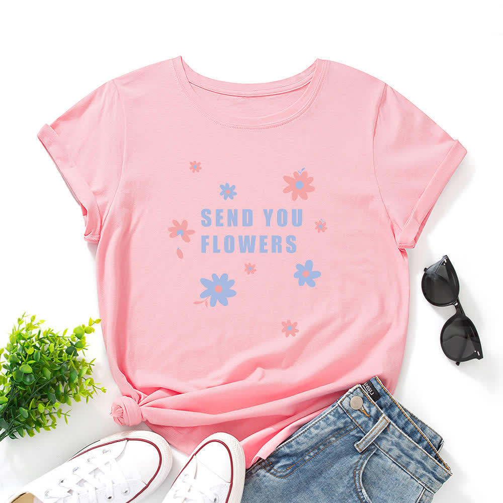 Plus Size Floral Round Neck Short Sleeve T-Shirt - Pink - 5XL - image 8