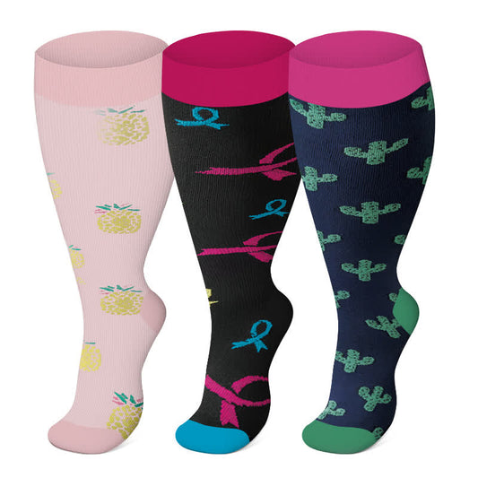 Plus Size Cute Print Compression Socks(3 Pairs) - Multicolor - 4XL - image 0
