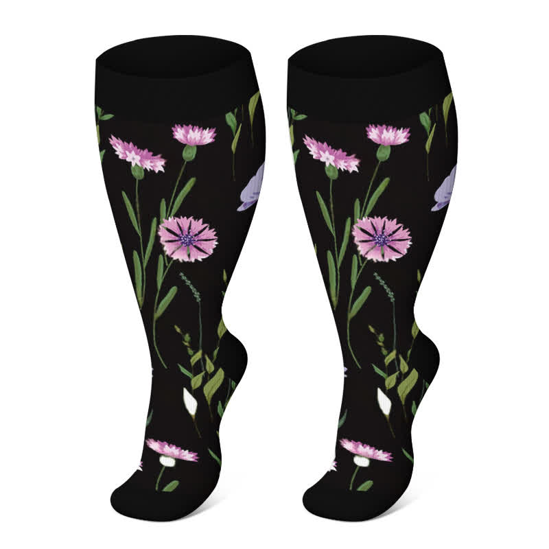 Plus Size Painted Flowers Compression Socks(3 Pairs)