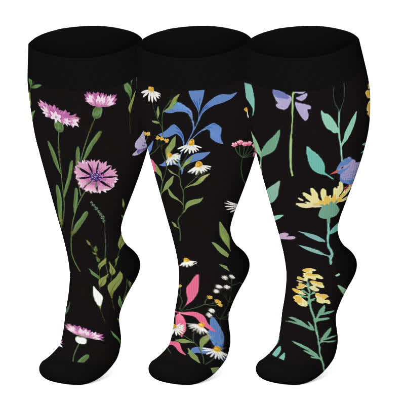 Plus Size Painted Flowers Compression Socks
