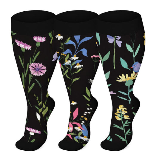 Plus Size Painted Flowers Compression Socks