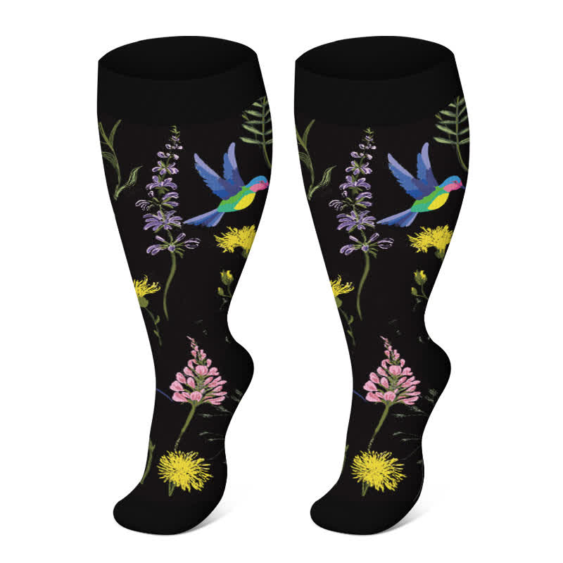 Plus Size Painted Flower Bird Compression Socks