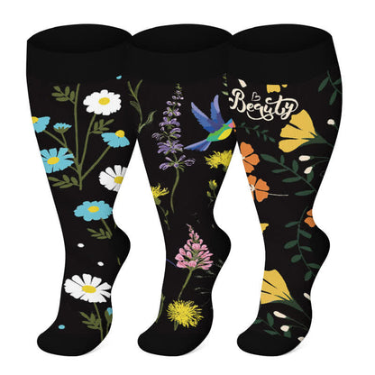 Plus Size Painted Flower Bird Compression Socks(3 Pairs)