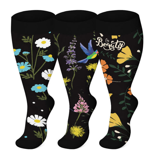 Plus Size Painted Flower Bird Compression Socks
