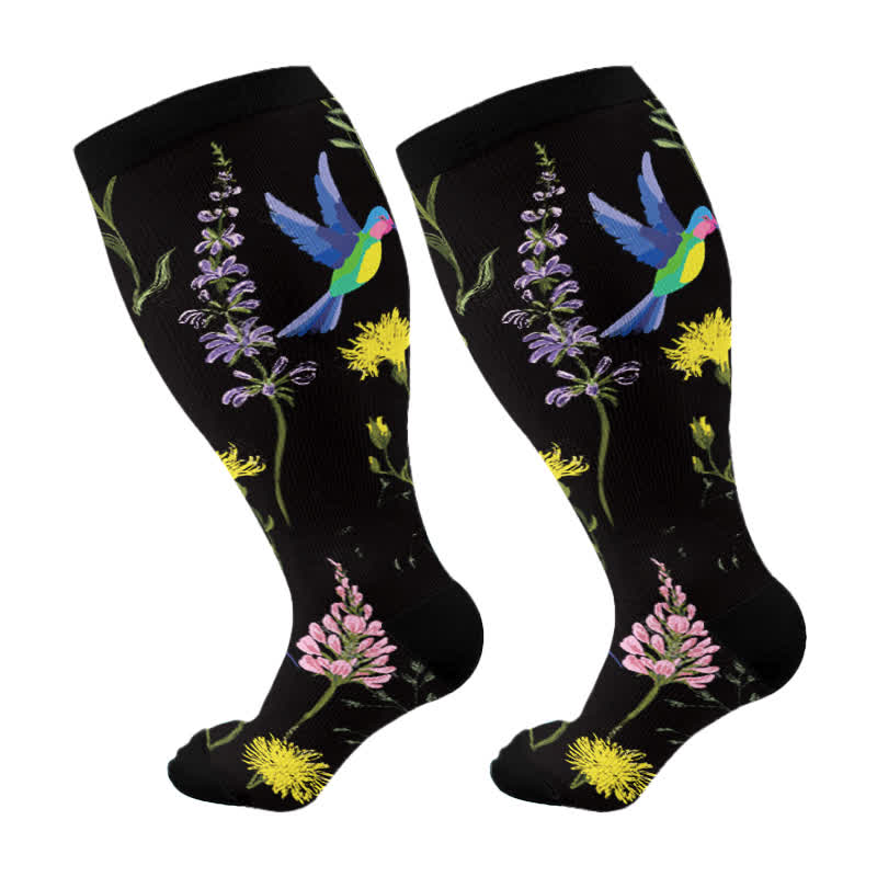Plus Size Painted Flower Bird Compression Socks