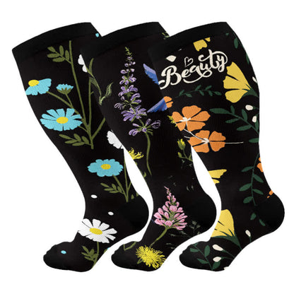 Plus Size Painted Flower Bird Compression Socks