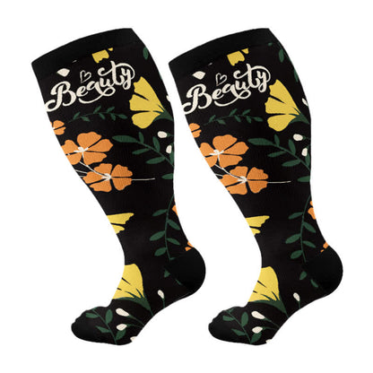 Plus Size Painted Flower Bird Compression Socks(3 Pairs)