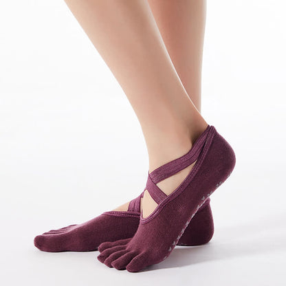 Cotton Non-Slip Cross Strap Five-Toe Grip Socks(4 Pairs) - Wine - EU35-40(US4-7) - image 1