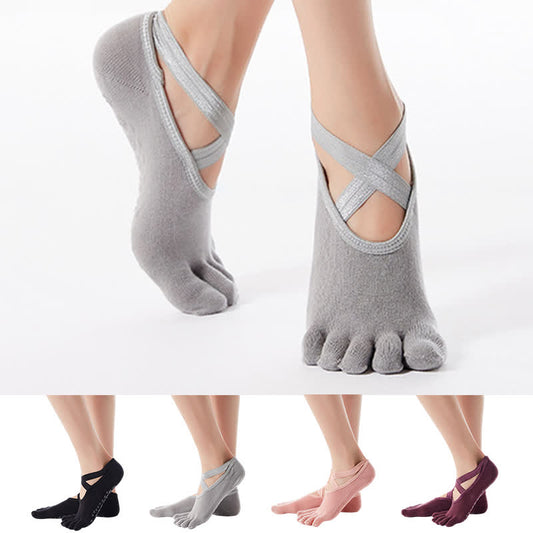 Cotton Non-Slip Cross Strap Five-Toe Grip Socks(4 Pairs) - Multicolor - EU35-40(US4-7) - image 0