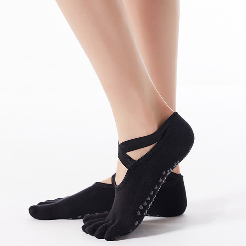 Cotton Non-Slip Cross Strap Five-Toe Grip Socks(4 Pairs) - Black - EU35-40(US4-7) - image 8