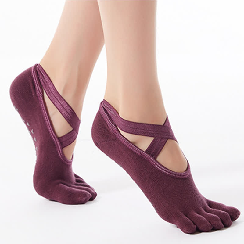 Cotton Non-Slip Cross Strap Five-Toe Grip Socks(4 Pairs) - image 2
