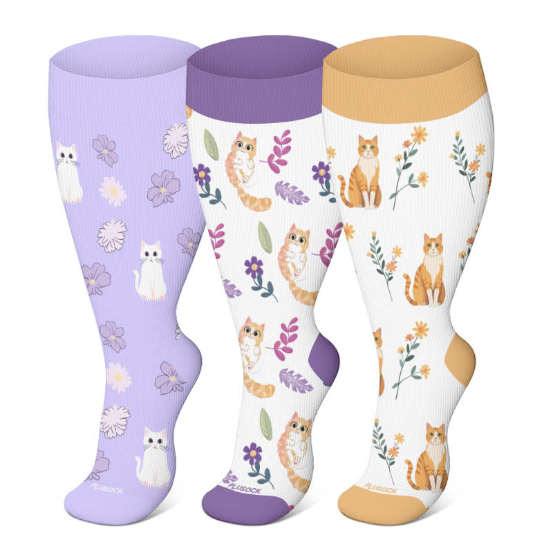 Plus Size Cat Flowers Compression Socks(3 Pairs) - image 0