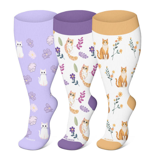 Plus Size Cat Flowers Compression Socks(3 Pairs) - image 1