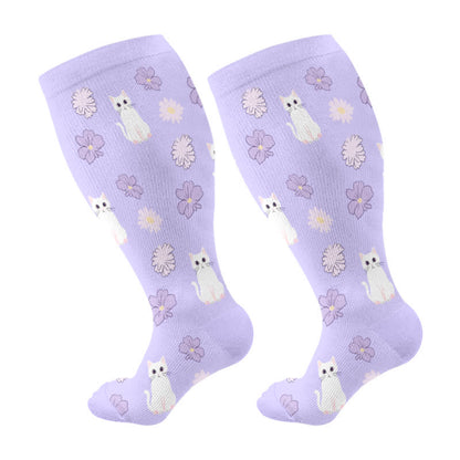 Plus Size Cat Flowers Compression Socks - Purple - 4XL - image 5
