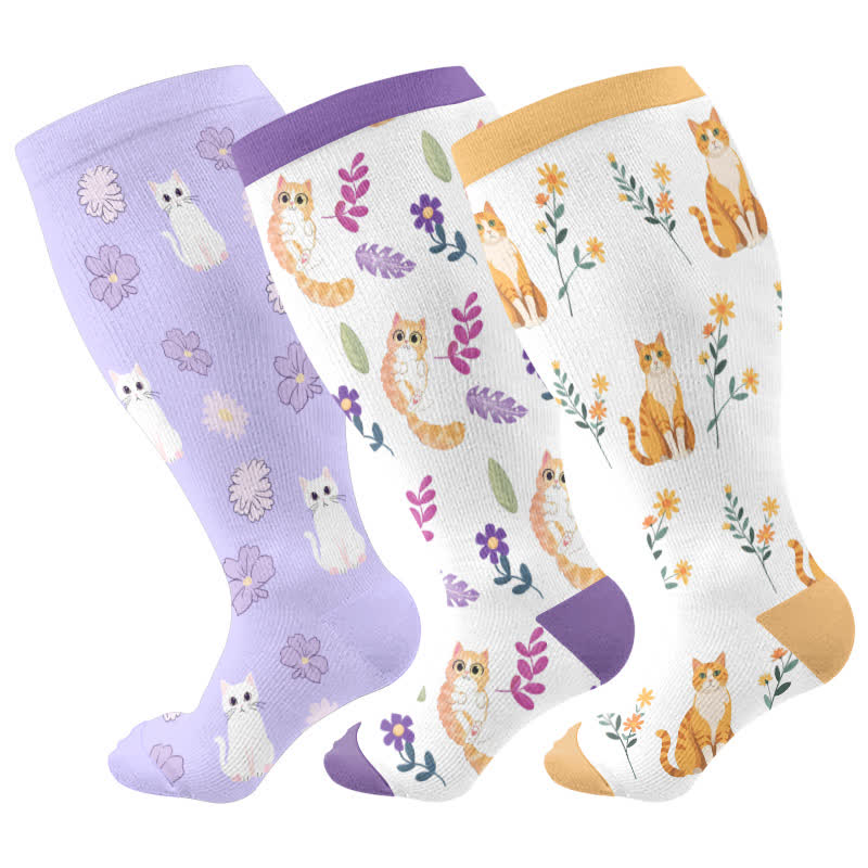Plus Size Cat Flowers Compression Socks(3 Pairs) - Multicolor - 4XL - image 5
