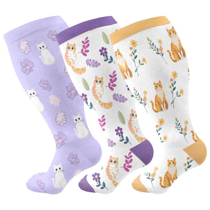 Plus Size Cat Flowers Compression Socks(3 Pairs) - Multicolor - 4XL - image 5