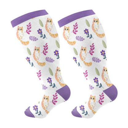 Plus Size Cat Flowers Compression Socks(3 Pairs) - White - 4XL - image 7