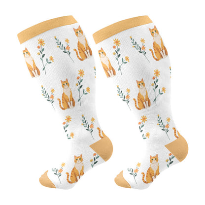 Plus Size Cat Flowers Compression Socks - Yellow - 4XL - image 7
