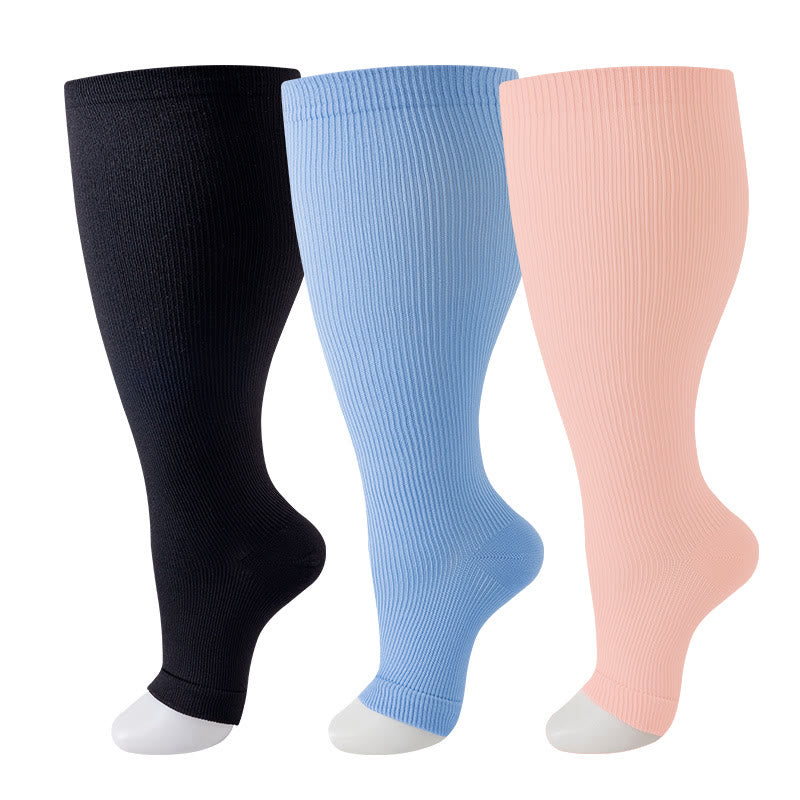 Plus Size Black Blue Pink Open Toe Compression Socks(3 Pairs) - image 3