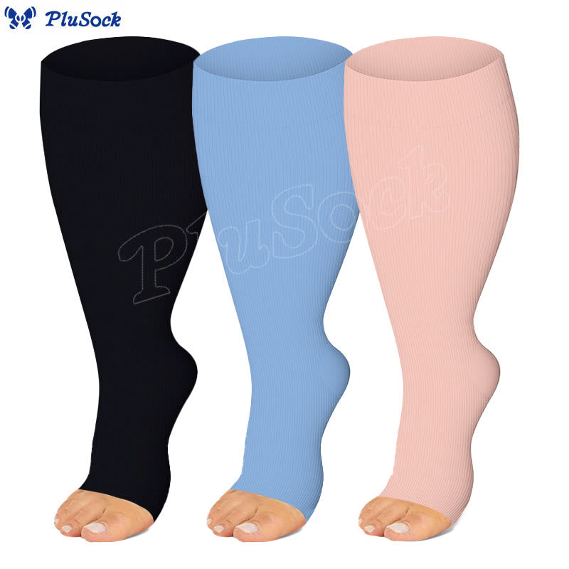 Plus Size Black Blue Pink Open Toe Compression Socks(3 Pairs) - image 0