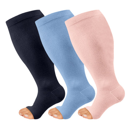 Plus Size Black Blue Pink Open Toe Compression Socks(3 Pairs) - Multicolor - 4XL - image 1