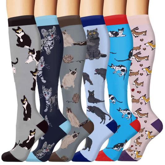 Cat Print Outdoor Running Compression Socks(6 Pairs) - Multicolor - L/XL - image 1