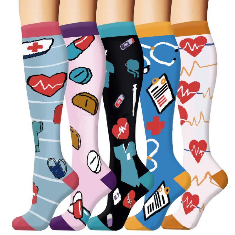 Fun Medical Print Outdoor Running Compression Socks(5 Pairs) - Multicolor - L/XL - image 0