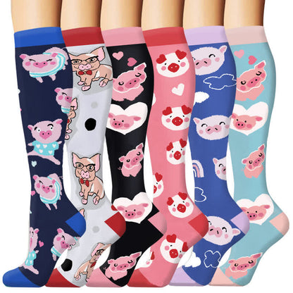 Cute Pig Print Outdoor Running Compression Socks(6 Pairs) - image 0