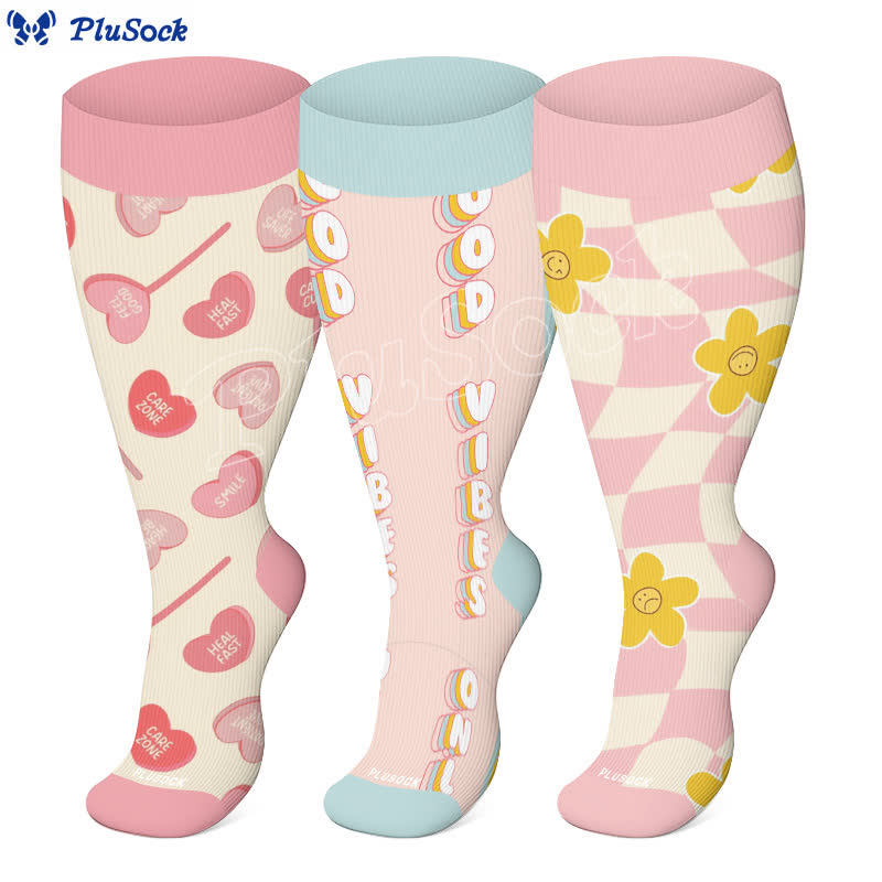 Plus Size Fun Love Floral Print Compression Socks(3 Pairs)