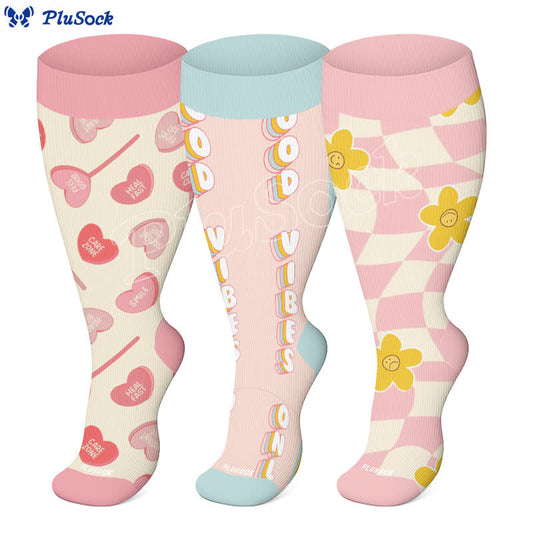 Plus Size Fun Love Floral Print Compression Socks(3 Pairs)