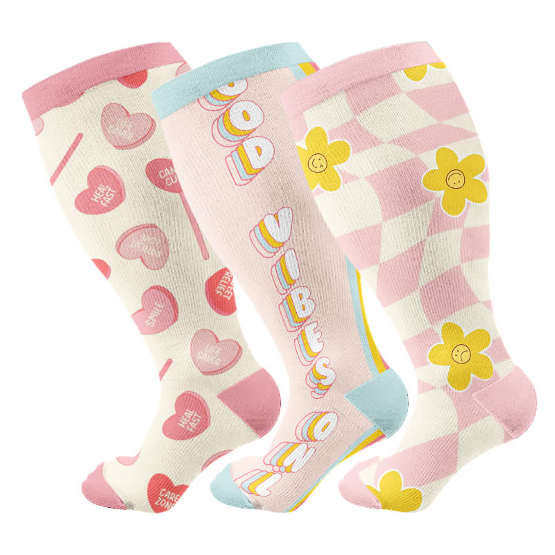 Plus Size Fun Love Floral Print Compression Socks(3 Pairs)