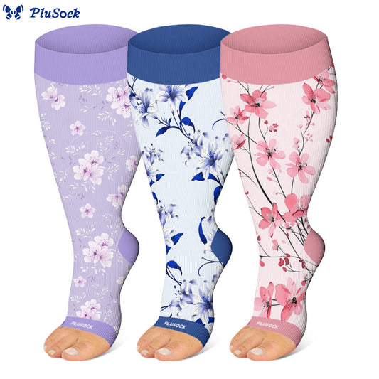 Plus Size Open Toe Flower Compression Socks(3 Pairs)