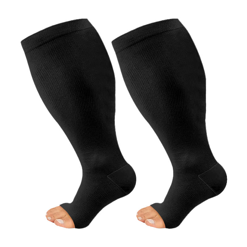 Plus Size Solid Color Open Toe Series Compression Socks - Black - 4XL - image 7