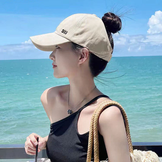 Ponytail Hole Sun Protection Baseball Cap - Beige - One Size - image 0