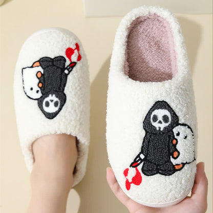 Cartoon Skull Ghost Print Fluffy Home Slippers - image 3