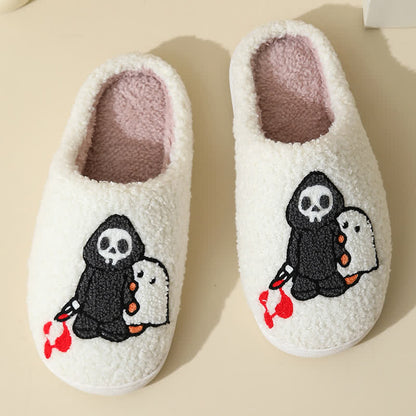 Cartoon Skull Ghost Print Fluffy Home Slippers - image 5