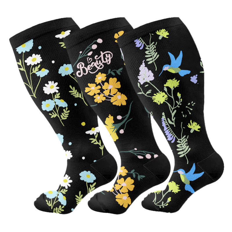 Plus Size Painted Flower Bird Compression Socks(3 Pairs) - Multicolor - 4XL - image 4