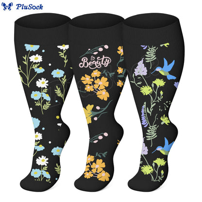 Plus Size Painted Flower Bird Compression Socks(3 Pairs) - image 0
