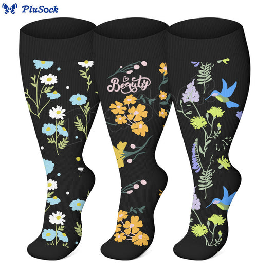 Plus Size Painted Flower Bird Compression Socks(3 Pairs) - image 0