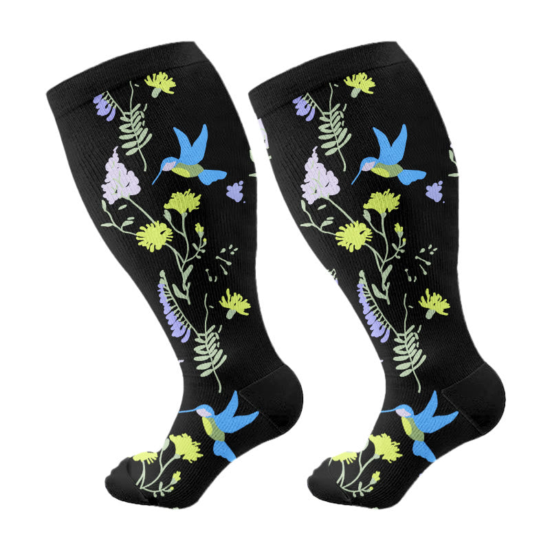 Plus Size Painted Flower Bird Compression Socks - B - 4XL - image 6