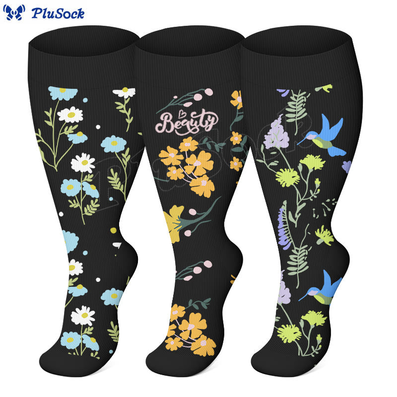 Plus Size Painted Flower Bird Compression Socks - image 1