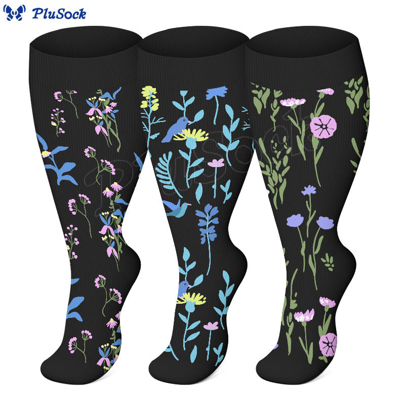 Plus Size Painted Flowers Compression Socks(3 Pairs) - image 9