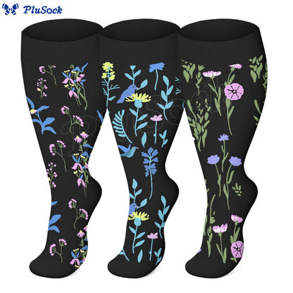 Plus Size Painted Flowers Compression Socks(3 Pairs) - image 9