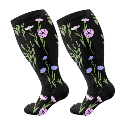 Plus Size Painted Flowers Compression Socks(3 Pairs) - Purple - 4XL - image 15