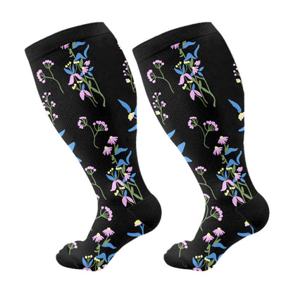 Plus Size Painted Flowers Compression Socks - Blue - 4XL - image 6