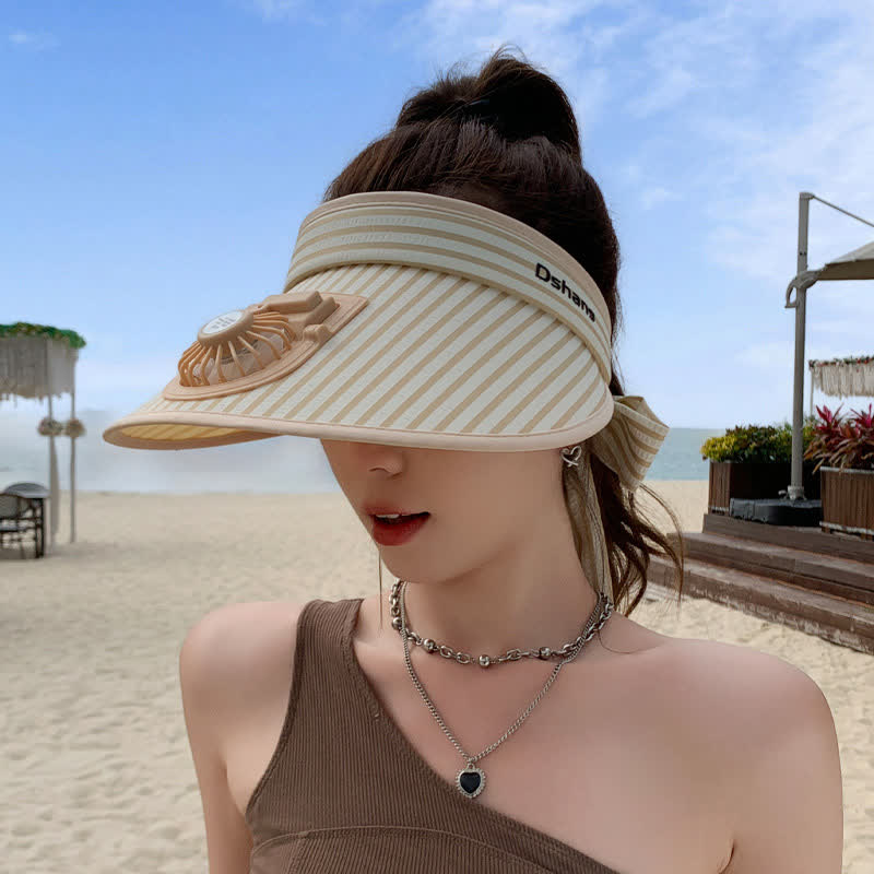 Striped Ribbon Rechargeable Fan Visor Sun Hat - Khaki - One Size - image 0