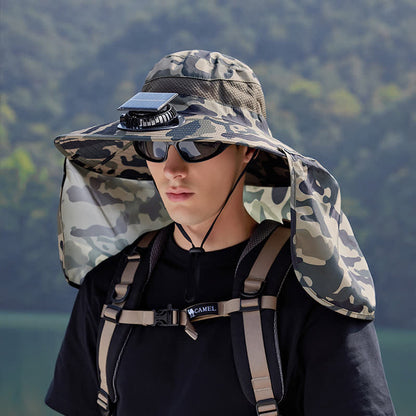 Camouflage Bucket Hat with Neck Flap and Rechargeable Fan - Khaki - One Size - image 2